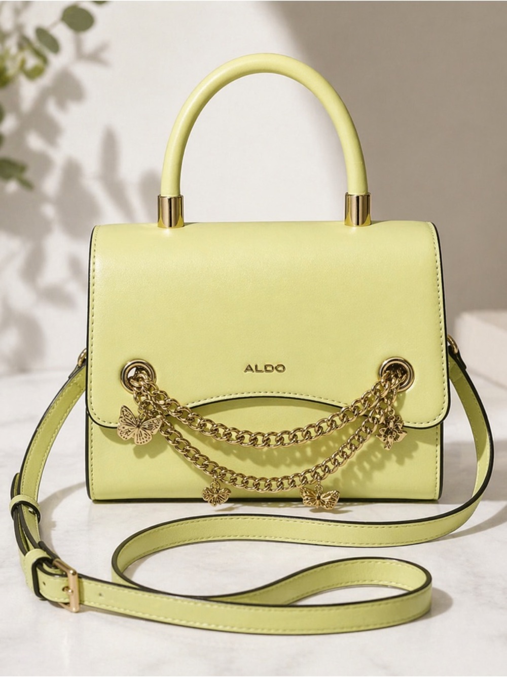 Aldo NWT Lime Green Top Handle Satchel/Crossbody Bag Gold Chain Charms Butterfly